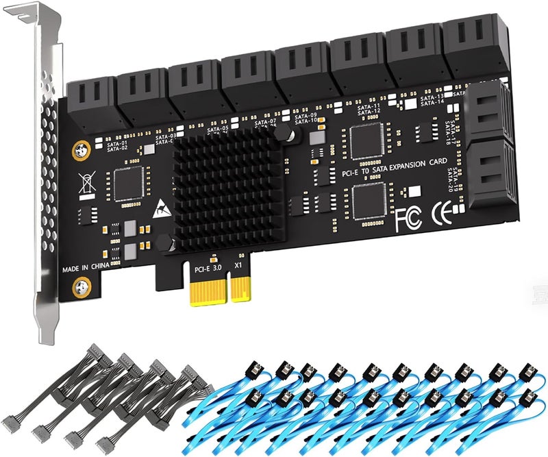 GLOTRENDS بطاقة توسيع SATA 20 منفذ PCIe X1 مع كابلات SATA والطاقة، متوافقة مع Windows وLinux وMac OS وNAS - Image 1